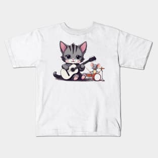 cute kitten playing the guitar with a cute little mouse playing the drum Kids T-Shirt